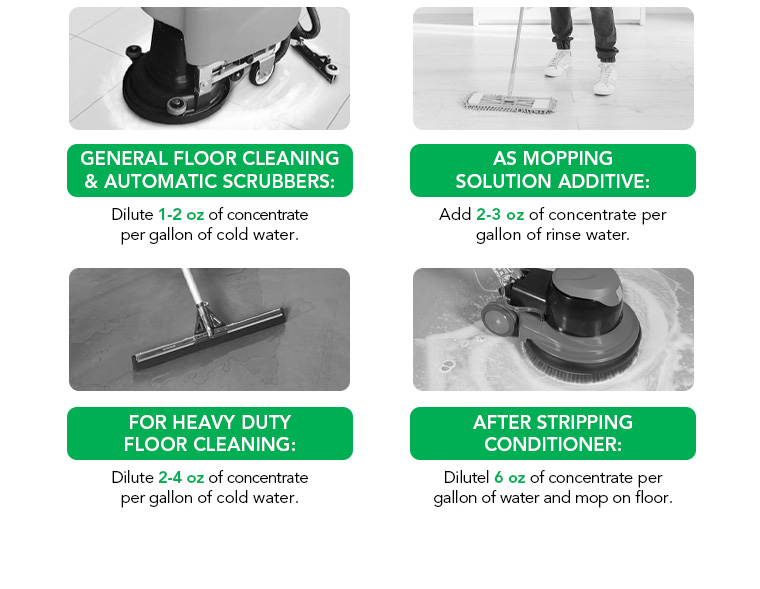 general floor cleaning, automatic scrubbers, mopping solution additive, heavy duty floor cleaning, after stripping conditioner.